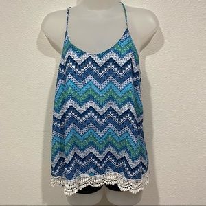 miss chevious blue & green tribal print chevron sleeveless tank top shirt blouse